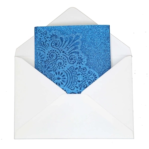 Blue glitter mandala laser cut wedding invitation card with elegant white V-flap envelope