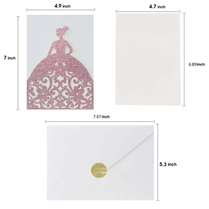 Detailed laser-cut pink glitter wedding invitation set with exact size measurements