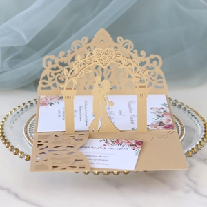 Elegant laser cut 3D wedding invitation card with lace floral heart and silhouette