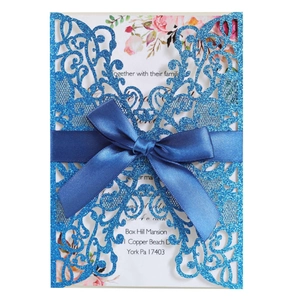 Laser cut blue glitter butterfly wedding invitation card with ribbon and floral insert