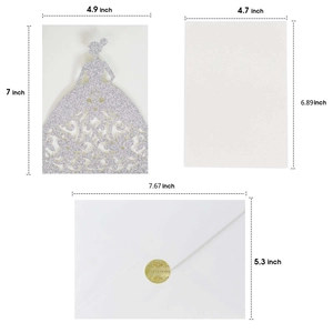 Detailed size specifications for laser cut silver glitter princess dress invitation set