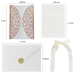 European laser cut wedding invitation set with glitter rose gold cover and inner card