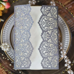 Detailed laser-cut damascus style purple glitter wedding invitation with white insert card