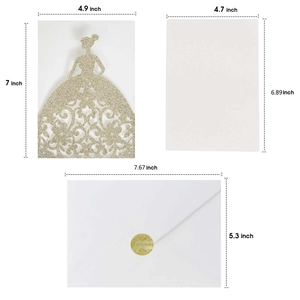 Detailed components of glitter laser cut invitation with dimensions and envelope