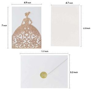 Detailed rose gold glitter laser cut princess invitation card set with dimensions