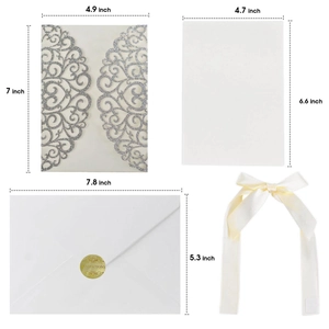 Detail showing dimensions of silver glitter laser cut invitation cover and inserts