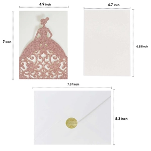 Three-piece laser cut wedding invitation set with dimensions for shell, insert and envelope