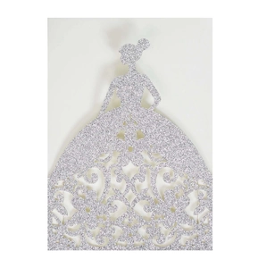 Elegant laser-cut silver glitter wedding invitation featuring a high-end dress silhouette