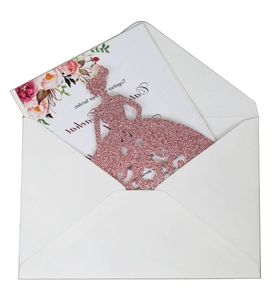 Elegant pink glitter laser cut wedding invitation with dress silhouette and floral card