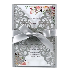 European Style Laser Cut Wedding Invitation Cards Heart Hollow Greeting Card With Flower Print Inner Sheet Satin Bowknot Envelope