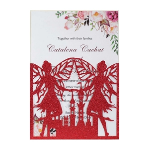 Red glitter laser cut castle and fairy wedding invitation card with floral insert