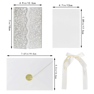 Elegant laser cut silver glitter wedding invitation set with ribbon and envelope
