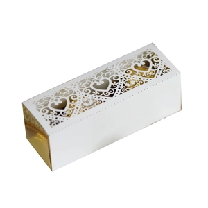 Elegant laser-cut heart pattern gift box in white with gold inner lining for weddings