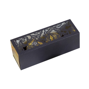 Elegant deep purple laser-cut butterfly wedding favor box with gold foil chocolates