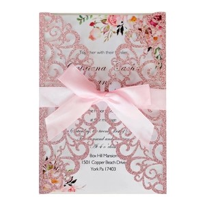 Elegant pink glitter laser cut wedding invitation card with silk ribbon and floral insert