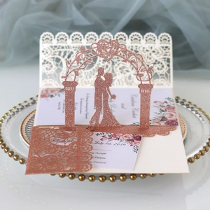 3D pop-up wedding invitation in rose gold glitter card with laser cut floral arch