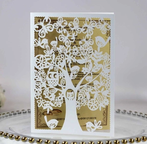 Detail showing laser-cut tree and owl design on white card with golden insert