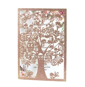 Invitations de Mariage en Papier Pailleté Découpées au Laser Arbre Oiseau Papillon Cartes de Vœux Creuses Enveloppes Pages Intérieures