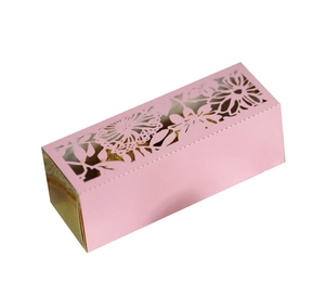 Pink laser-cut floral wedding candy box with golden mirror base and rectangle shape
