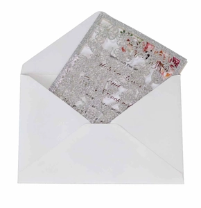 Invitation mariage découpée au laser avec motif arbre argenté et carte florale