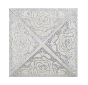 Silver glitter laser-cut square wedding invitation with elegant rose flower patterns