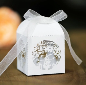 Laser Cutout Christmas Tree Gift Box Pearlescent Paper Candy Box With Ribbon Holiday Party Decoration Favor Box For Christmas