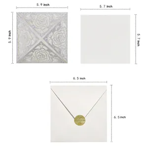 Laser cut rose wedding invitation set with size chart and silver glitter paper detail