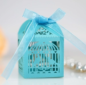 Tiffany blue laser-cut birdcage candy box with elegant ribbon for wedding party favors