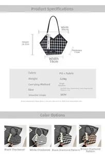 Size guide for vintage plaid tote bag showing dimensions, weight, and color options