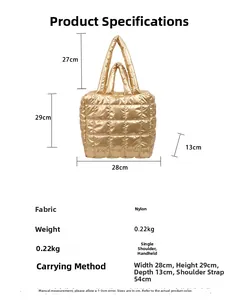 Detail showing dimensions of golden quilted nylon tote bag and its lightweight 0.22kg material