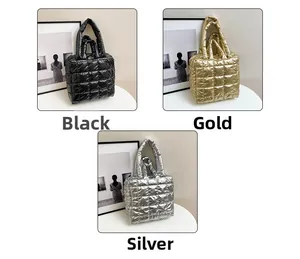 Three-color comparison of quilted padded tote bags in black, gold, and silver finishes