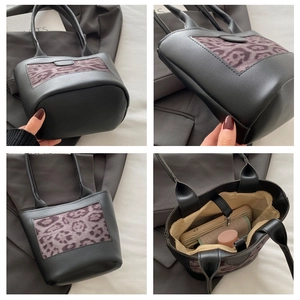 Detailed views of leopard print bucket bag showing interior space and premium PU texture