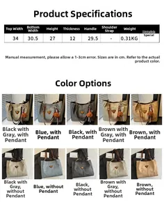 Tableau des tailles détaillé et options de couleurs pour le grand sac fourre-tout