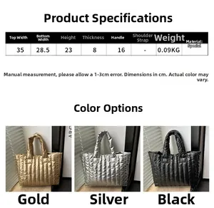 Tableau des tailles pour cabas matelassé avec dimensions en or, argent et noir