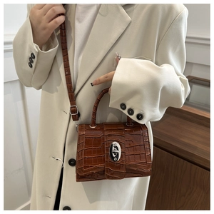 Détail d'un petit sac à main marron à motif croco avec fermoir rotatif en métal argenté