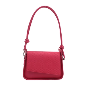 Magenta crossbody bag with woven texture flap and decorative knot on shoulder strap