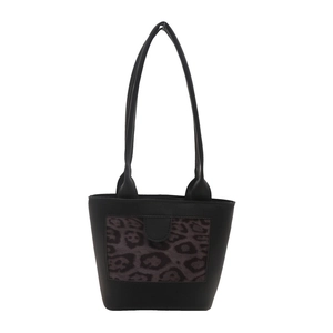 Minimalist black tote bucket bag with purple leopard print panel and slim handles