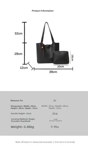 Detailed size chart for retro PU leather bucket tote bag and small inner pouch