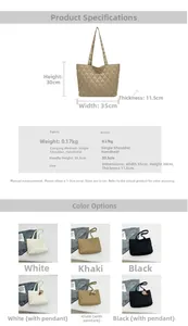 Quilted tote bag detail with size dimensions 35x30x11.5cm and color options with bear charms