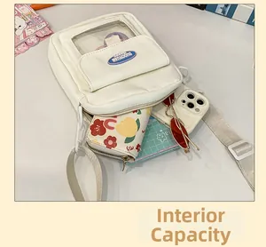 Vue à plat du sac ita blanc avec fenêtre transparente montrant les objets et la capacité