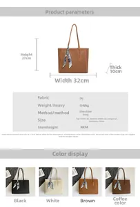 Infographic showing dimensions and multi-color options of the PU leather tote bag with silk scarf