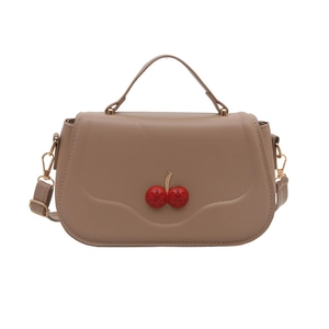 Chic khaki faux leather underarm bag featuring cute red cherry charm and golden hardware