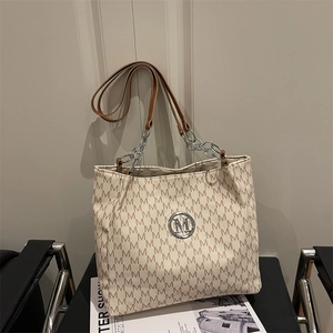 Vintage retro monogram tote bag in cream white with brown leather and silver chain strap
