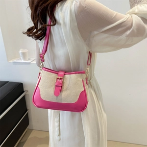 Vintage Contrast Color Canvas PU Leather Shoulder Bag Retro Underarm Crossbody Bag Women Simple Fashion Stitching Handbag