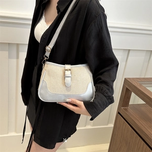 Contrast tweed shoulder bag with silver leather trim and buckle strap for women