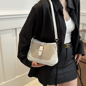 Retro canvas underarm bag with white leather trim and gold buckle for women