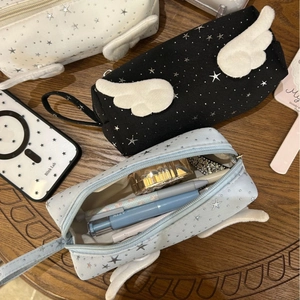 Large capacity angel wing star pencil case for students featuring sequins and plush wings