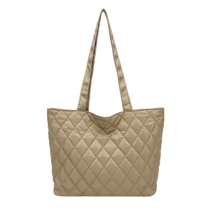 Minimalist khaki quilted tote bag for women with large capacity and double shoulder straps