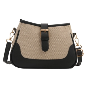 Retro canvas and black leather crossbody bag with buckle detail and gold hardware