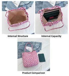 Détail de l'intérieur du sac fourre-tout floral avec fermoir magnétique et rangement